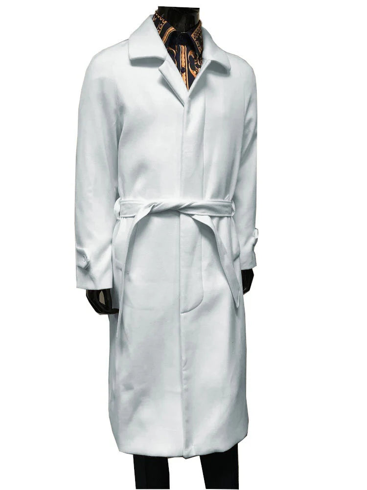 Men's White Wool Belted Long Coat – Classic Overcoat for Formal Wear, Wedding Full length