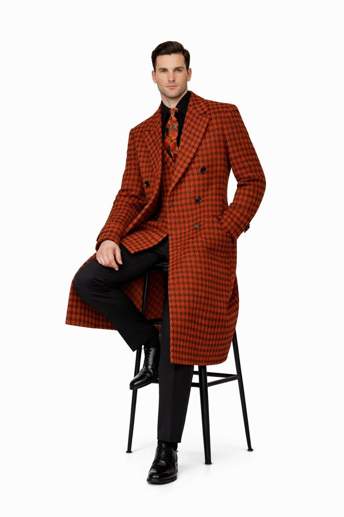 Men's Full Length Top Coat - Wide Fashion Lapel Rust Houndstooth