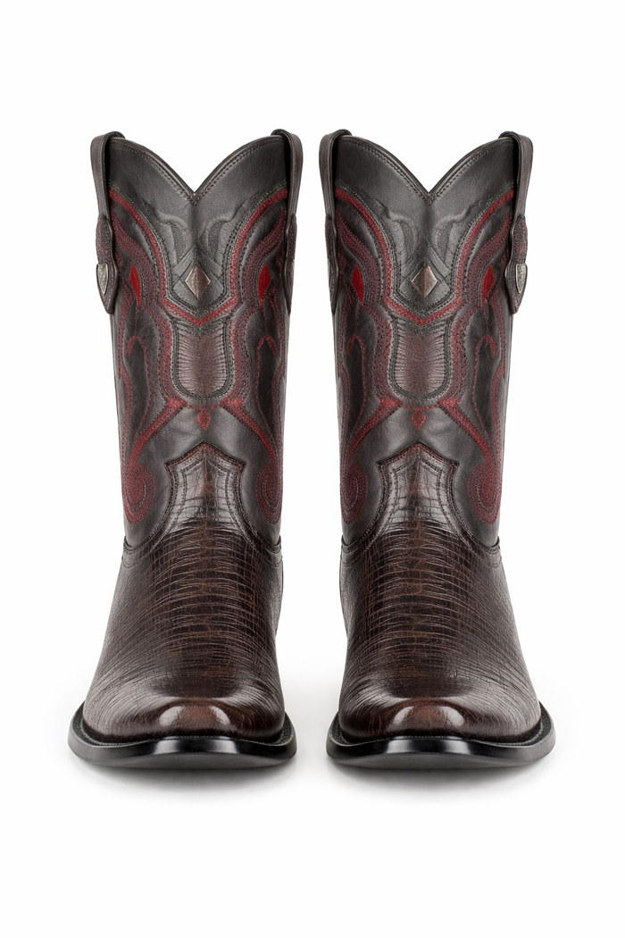 Men's Wild West Leather Dubai Square Toe Black Cherry Genuine Teju Lizard Dress Cowboy Boot Cheap Priced For Sale Online