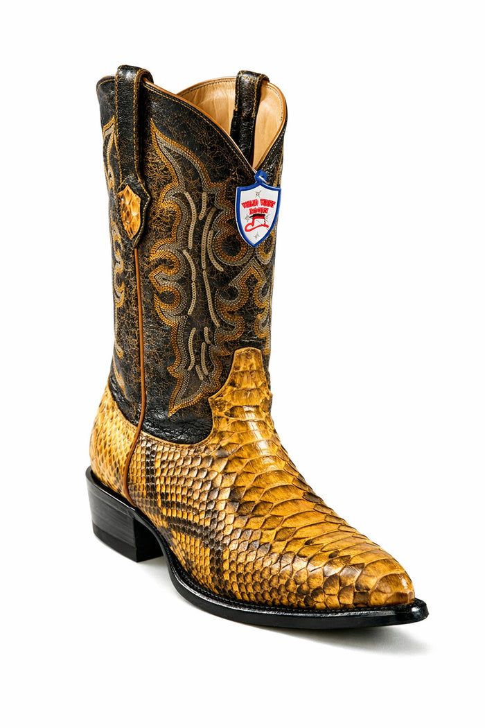 Python Skin Yellow Gold J Toe Boots for Men