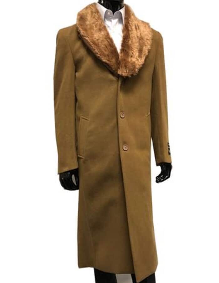 Men's Full Length Camel Wool Overcoat with Fur Collar