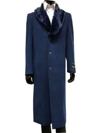Men's Navy Blue Wool Overcoat with Fur Collar