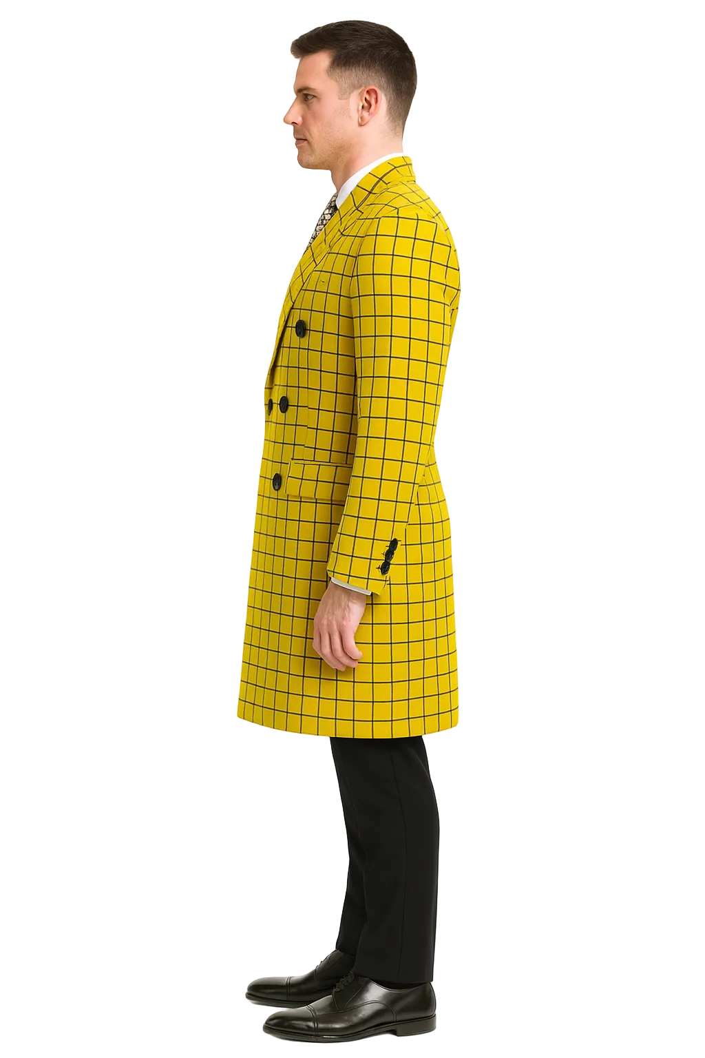 Men's Plaid Wool Peacoat in Yellow