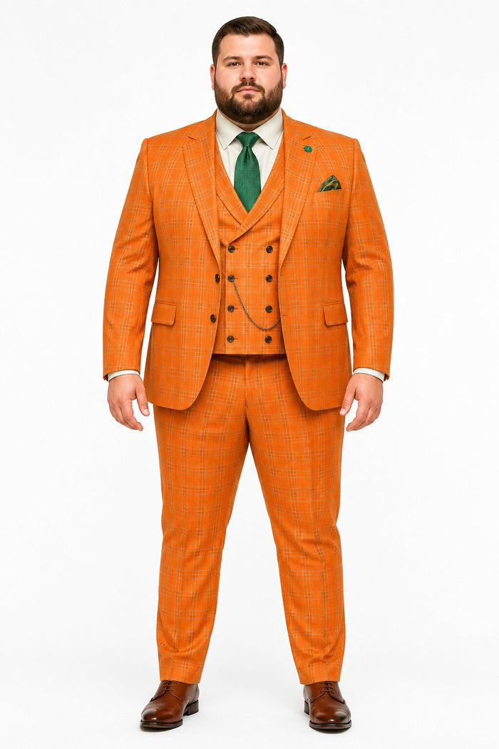 Premium Men’s Orange Plaid Suit with Vest – Wedding & Business