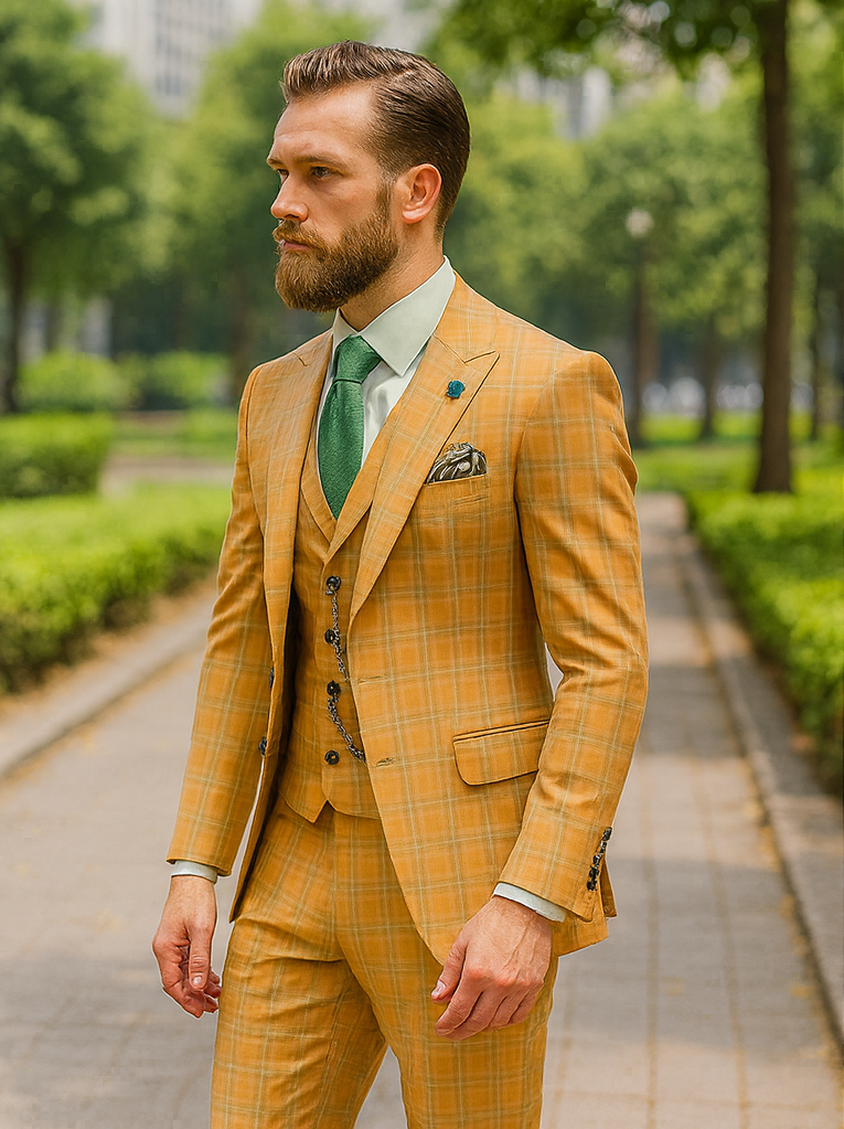 Premium Men’s Yellow Plaid Suit with Vest – Wedding & Business