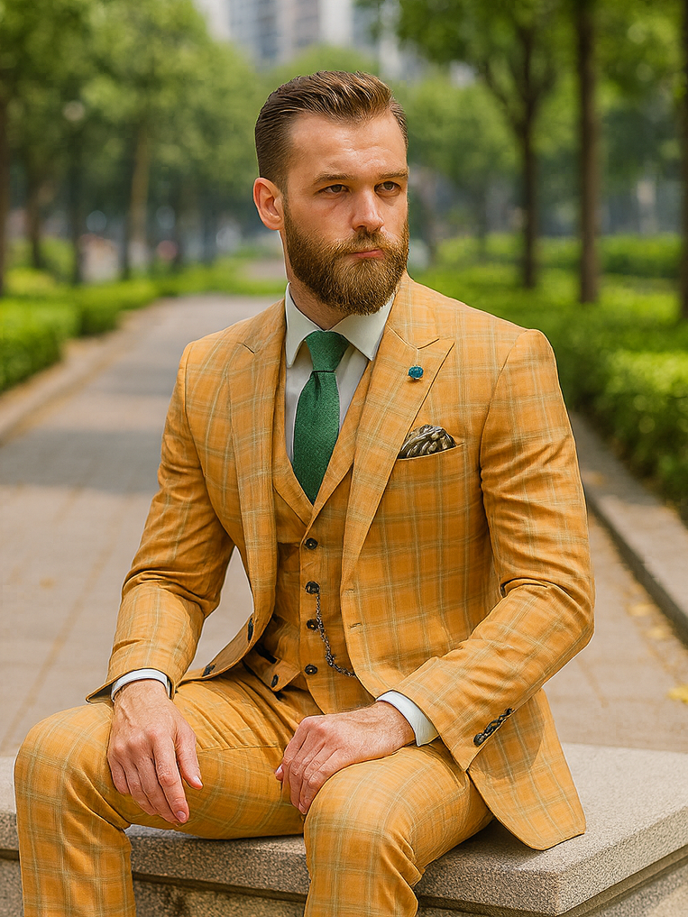 Premium Men’s Yellow Plaid Suit with Vest – Wedding & Business