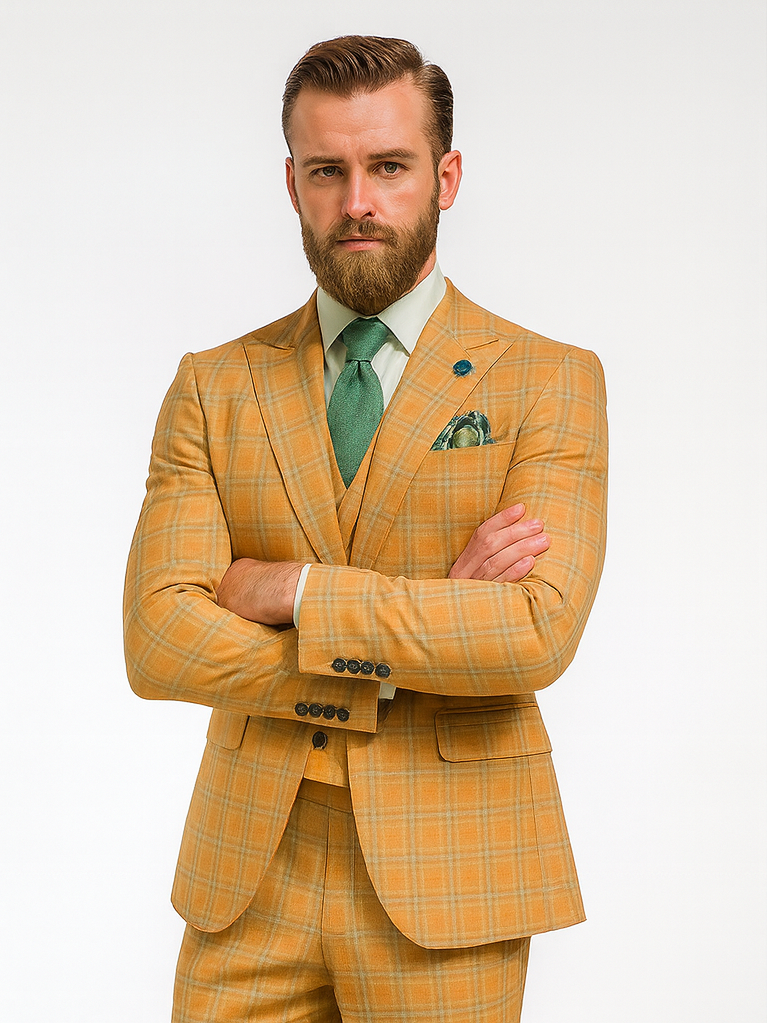 Premium Men’s Yellow Plaid Suit with Vest – Wedding & Business