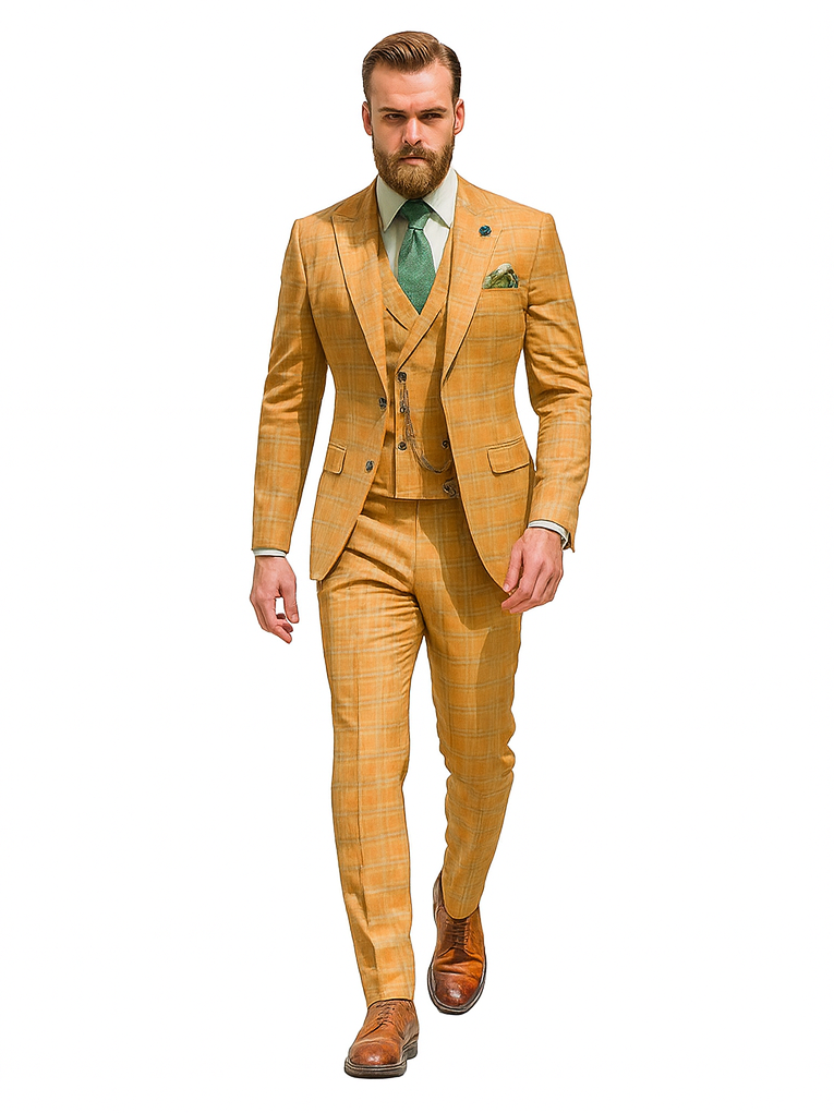 Premium Men’s Yellow Plaid Suit with Vest – Wedding & Business