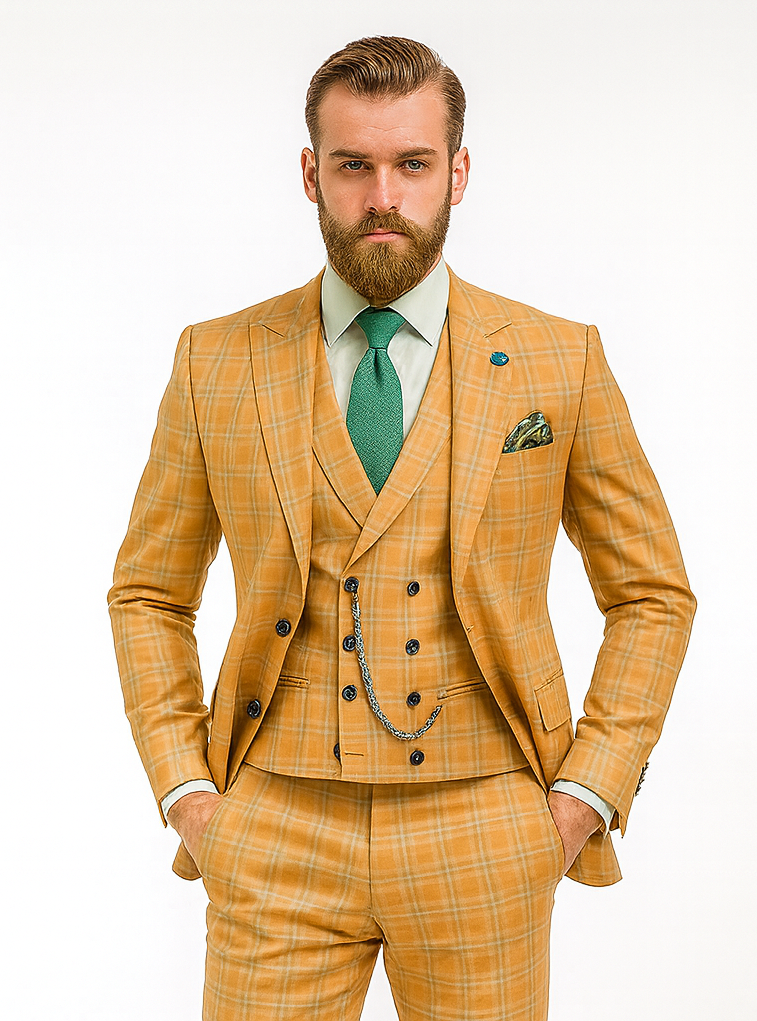 Premium Men’s Yellow Plaid Suit with Vest – Wedding & Business