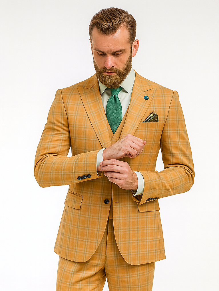 Premium Men’s Yellow Plaid Suit with Vest – Wedding & Business