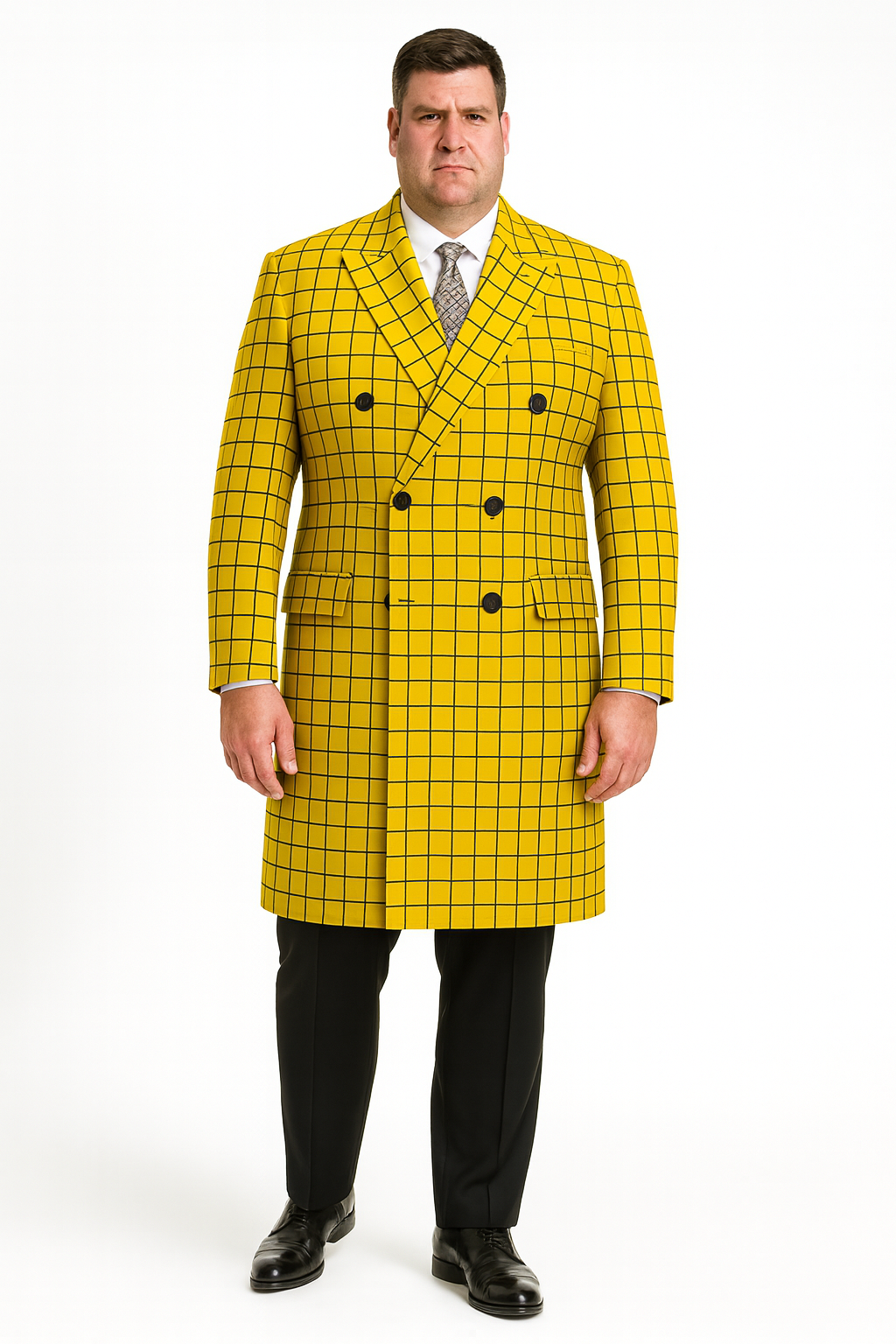 Men's Plaid Wool Peacoat in Yellow