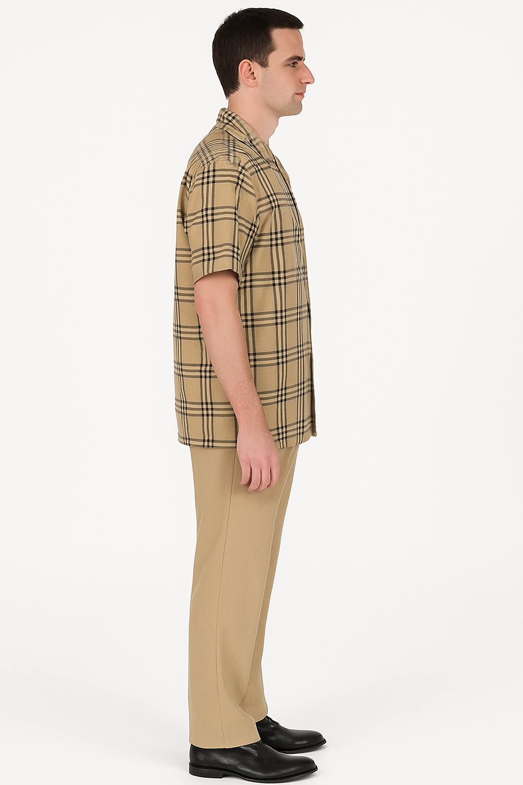 Beige Check Button Shirt - Casual Plaid for Men