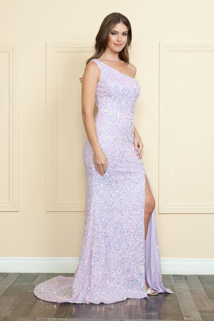 POLY USA 8874 Sequined Long One Shoulder Military Ball Formal Gown