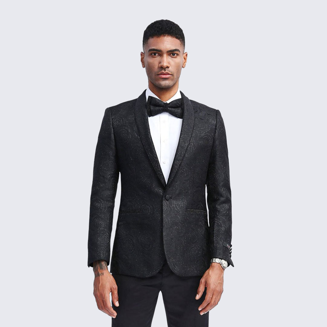 Black Floral Tuxedo Jacket with Shawl Lapel – Wedding & Prom