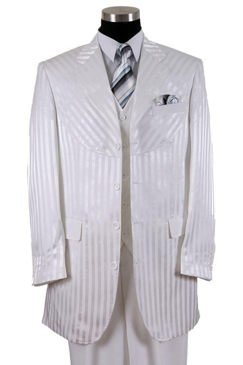 Mens 4 Button Diagonal Tonal Stripe Fashion Suit in White