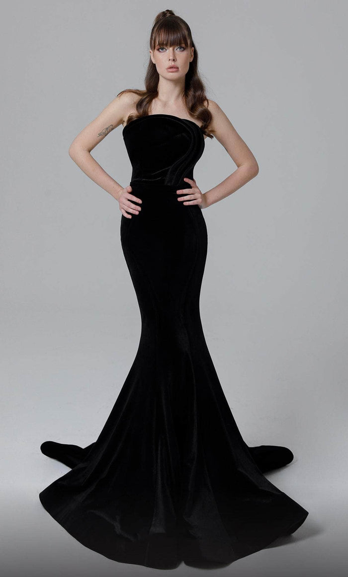 MNM Couture N0450 Black Velvet Strapless Evening Gown
