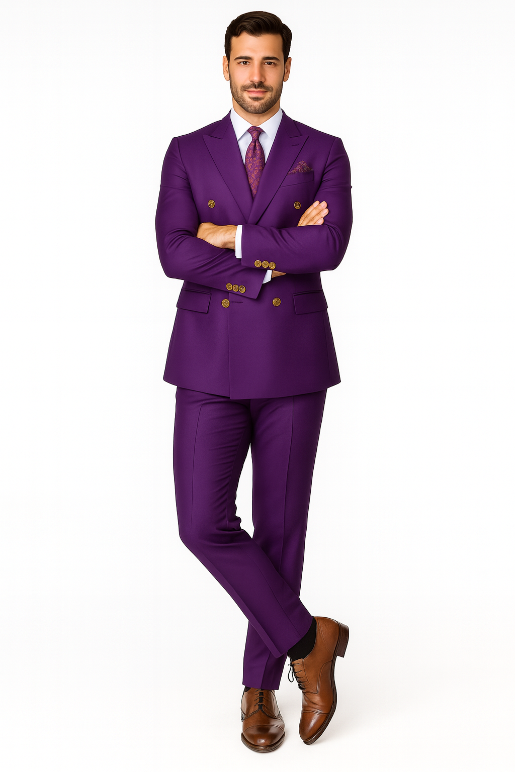 Double Breasted Wool Suit with Gold Buttons - Purple