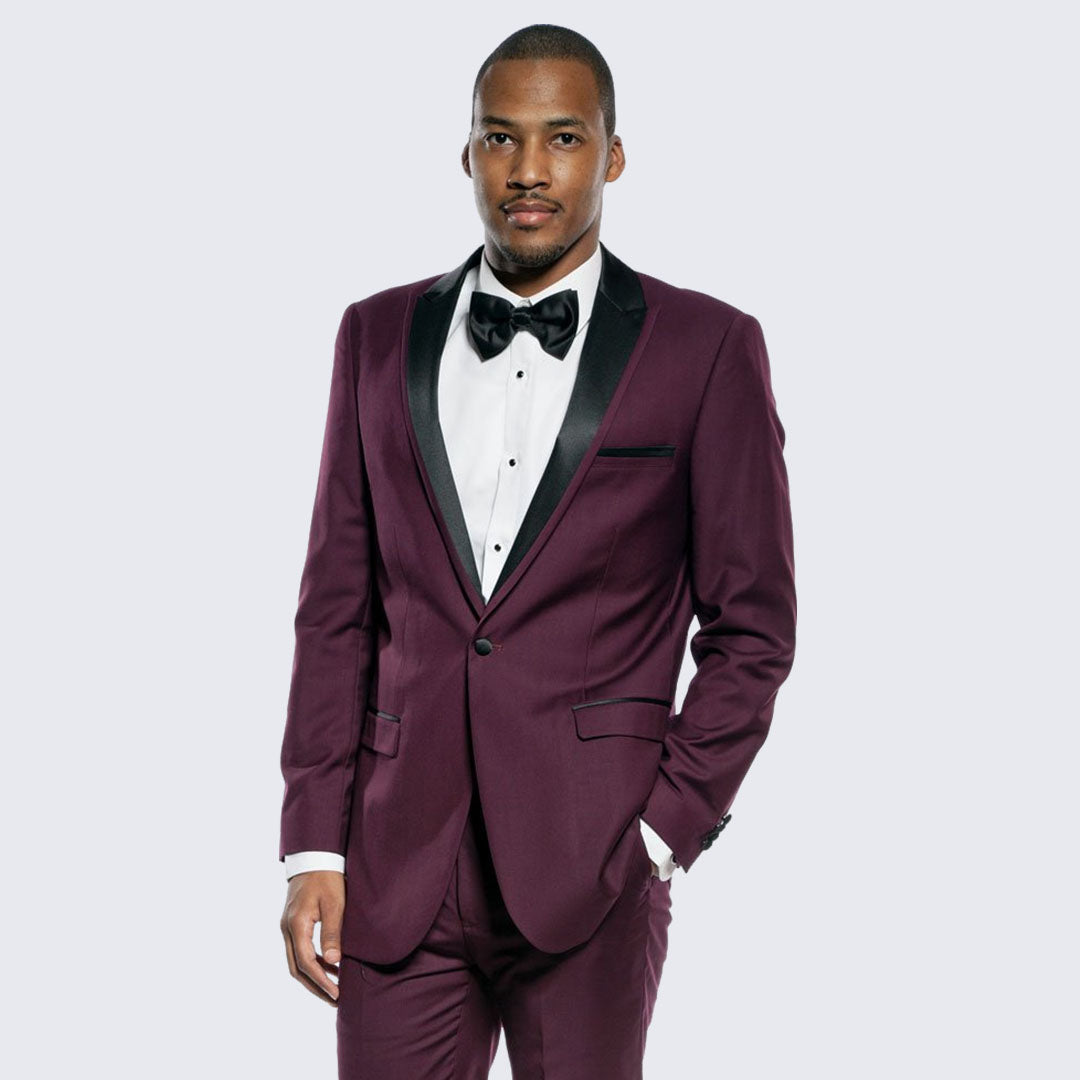 Burgundy Tuxedo Slim Fit One Button Peak Framed Lapel - Wedding - Prom