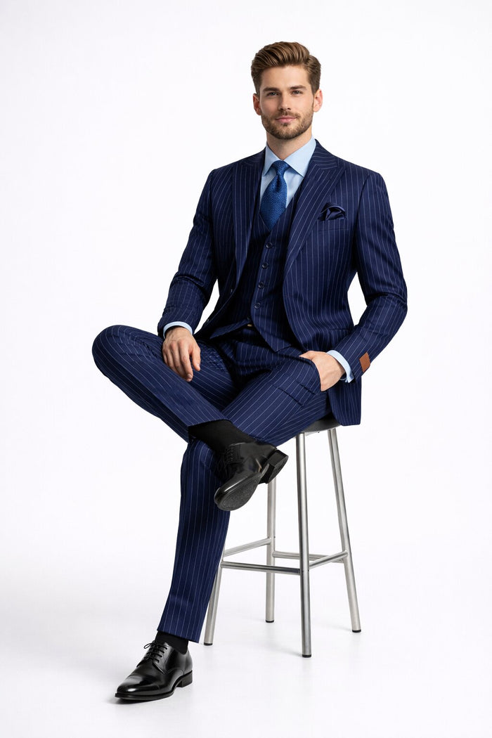 Men's Navy Peak Lapel Modern Fit Vested Suit