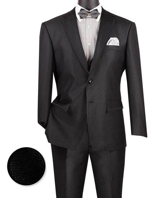 Birdseye Pattern Modern Fit Black Suit with Trim