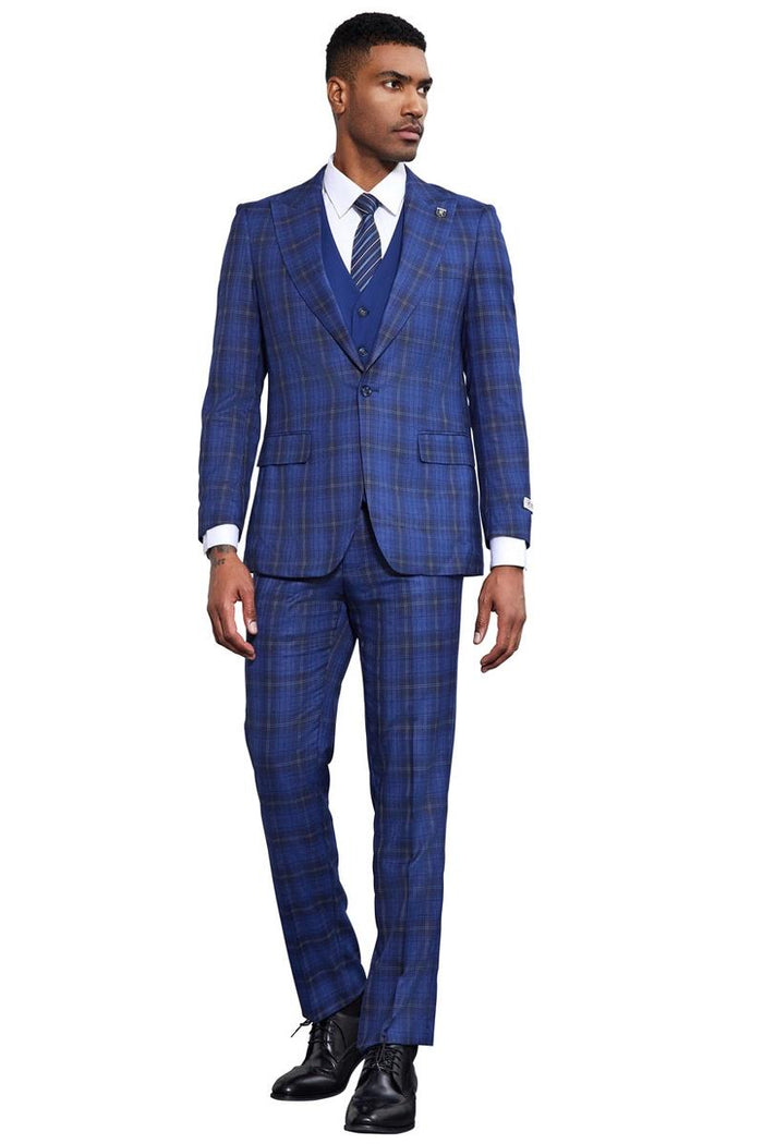 Stacy Adams Windowpane Plaid Vested Suit, Midnight Blue
