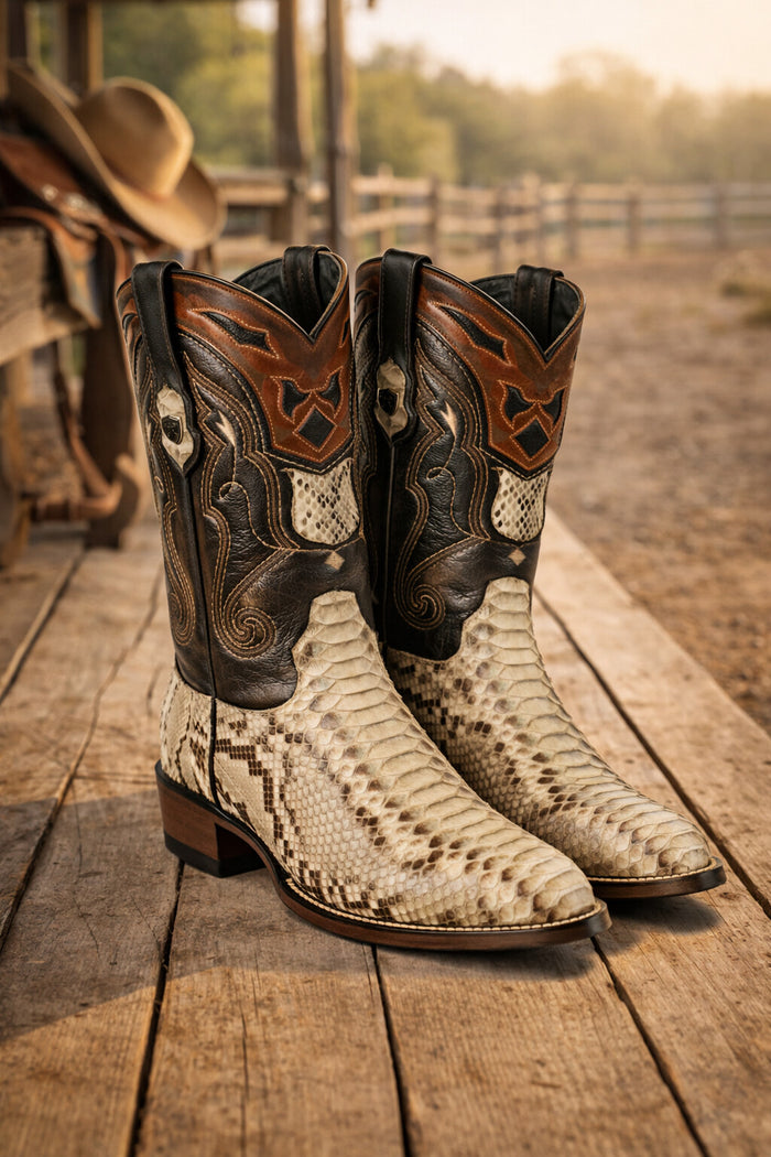 Python Skin Yellow Gold J Toe Boots for Men