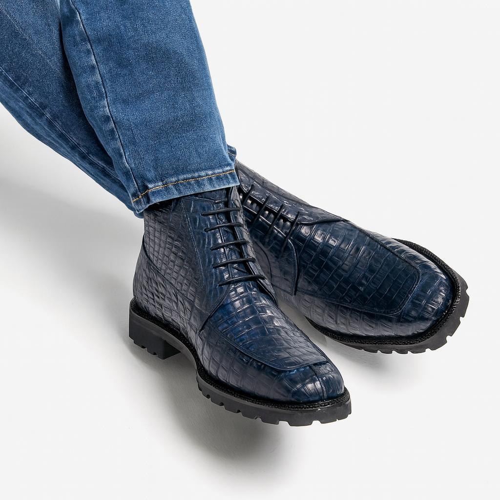 Navy Caiman Crocodile Ankle Boot by Los Altos