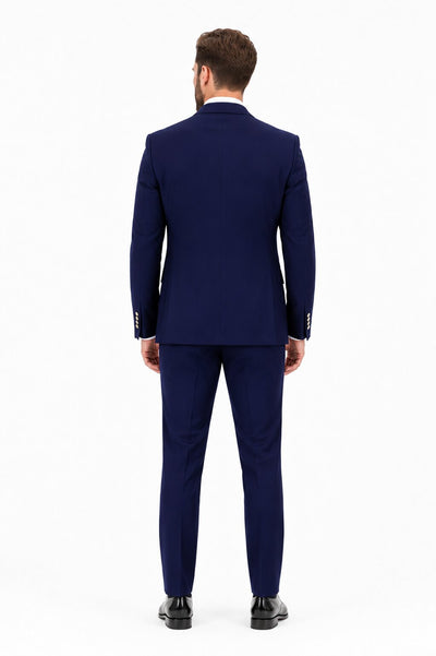 Men's Navy Statement Ticket Pocket Peak Lapel Wool Double Breasted Vest Suit with Silver Buttons – Modern Fit