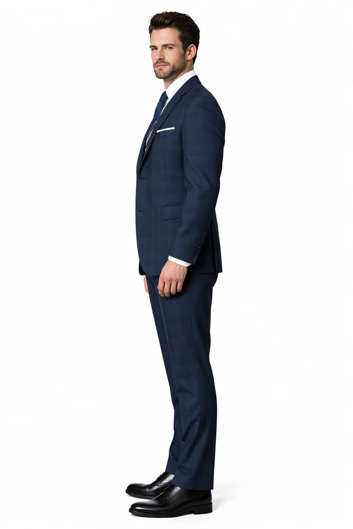 Men’s Navy Plaid Vested Suit – Classic Pattern 3-Piece Formal Ensemble