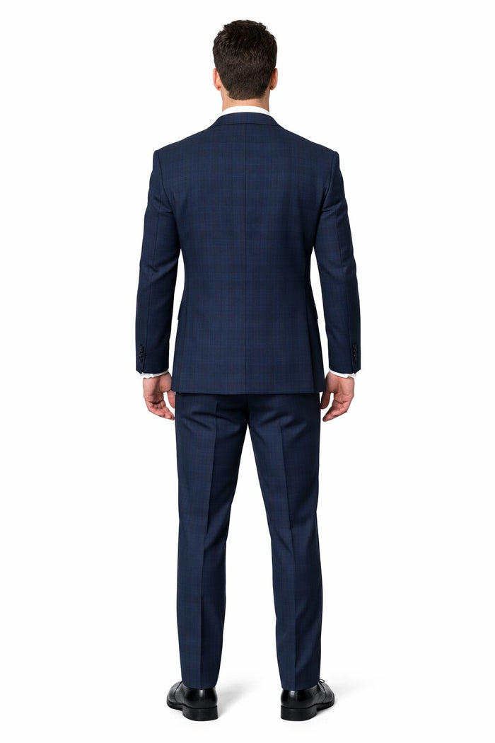 Men’s Navy Plaid Vested Suit – Classic Pattern 3-Piece Formal Ensemble