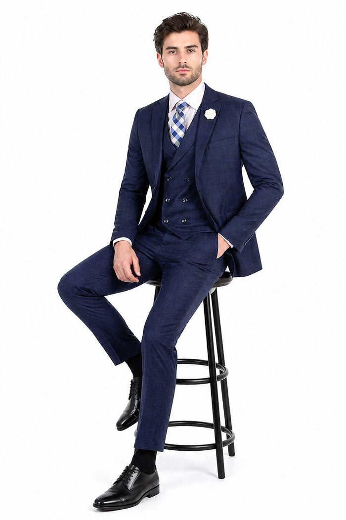 Navy Glen Plaid 3 Piece Suit by Vinci