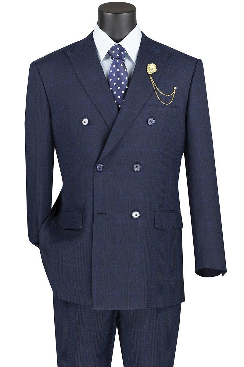 Navy Windowpane Double Breasted Suit by Vinci
