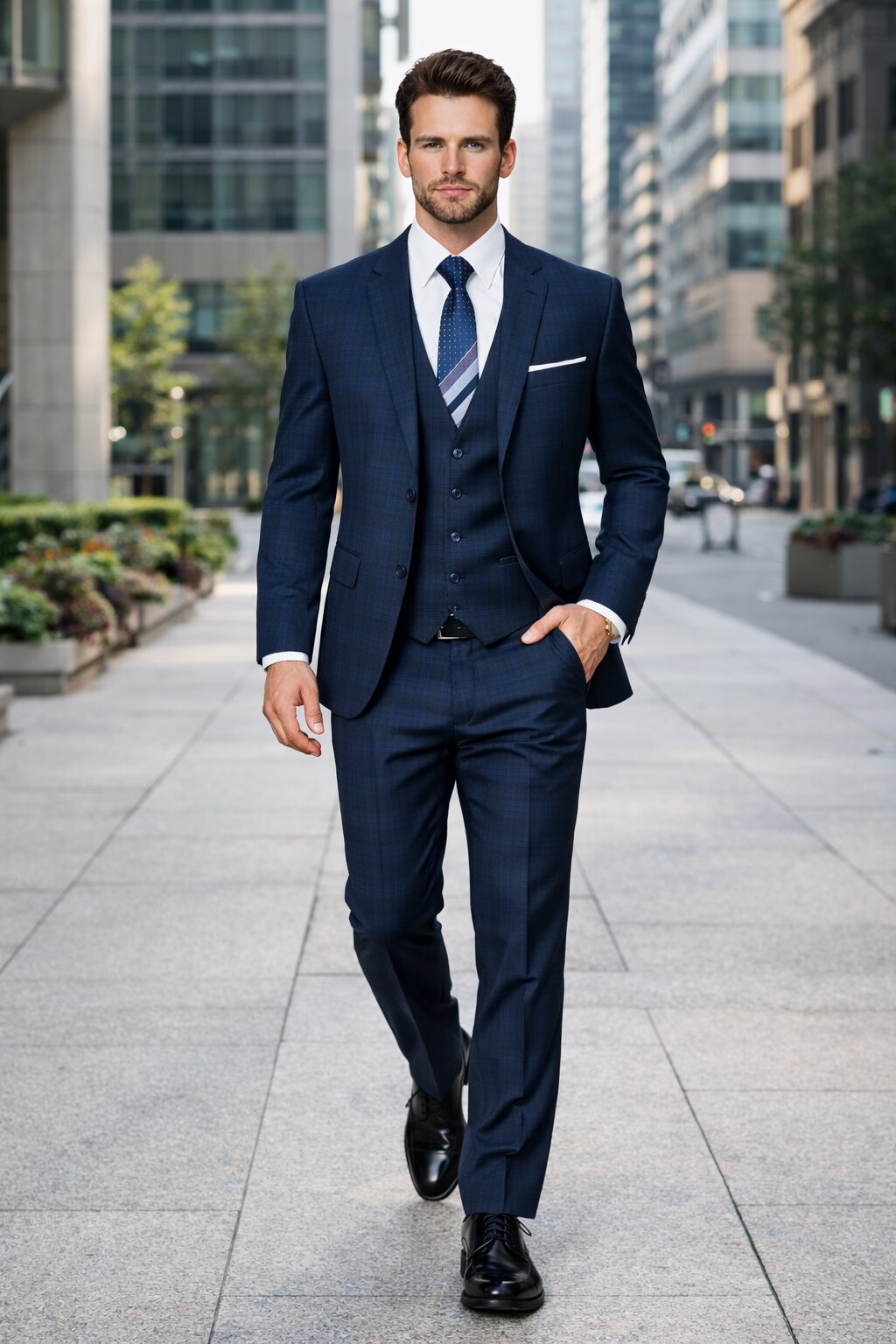 Men’s Navy Plaid Vested Suit – Classic Pattern 3-Piece Formal Ensemble