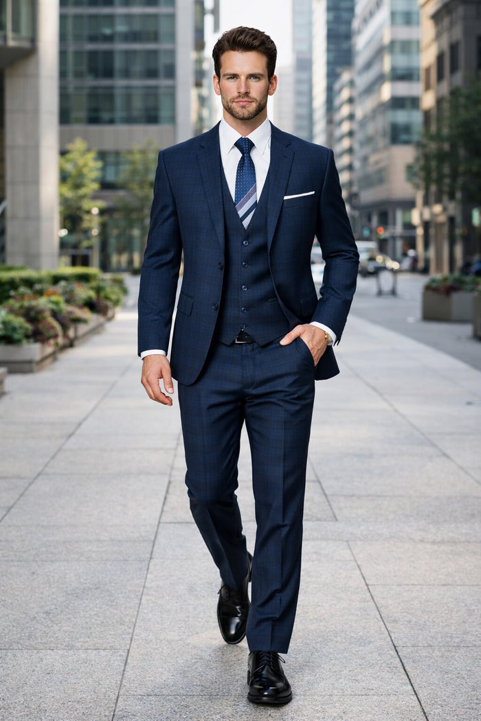 Men’s Navy Plaid Vested Suit – Classic Pattern 3-Piece Formal Ensemble