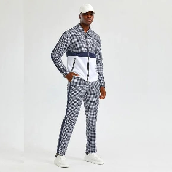 Mens Houndstooth Navy 2pc Tracksuit