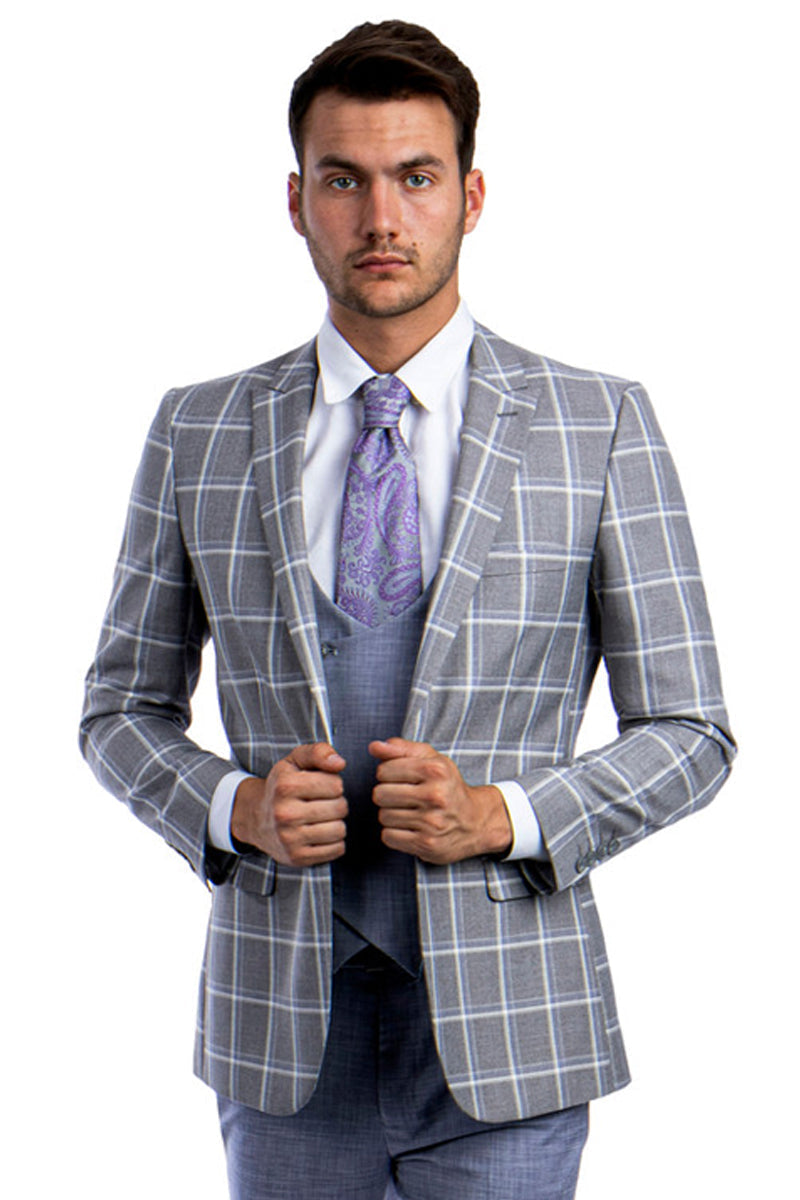 Grey & Blue Windowpane Suit with Vest - Rossiman