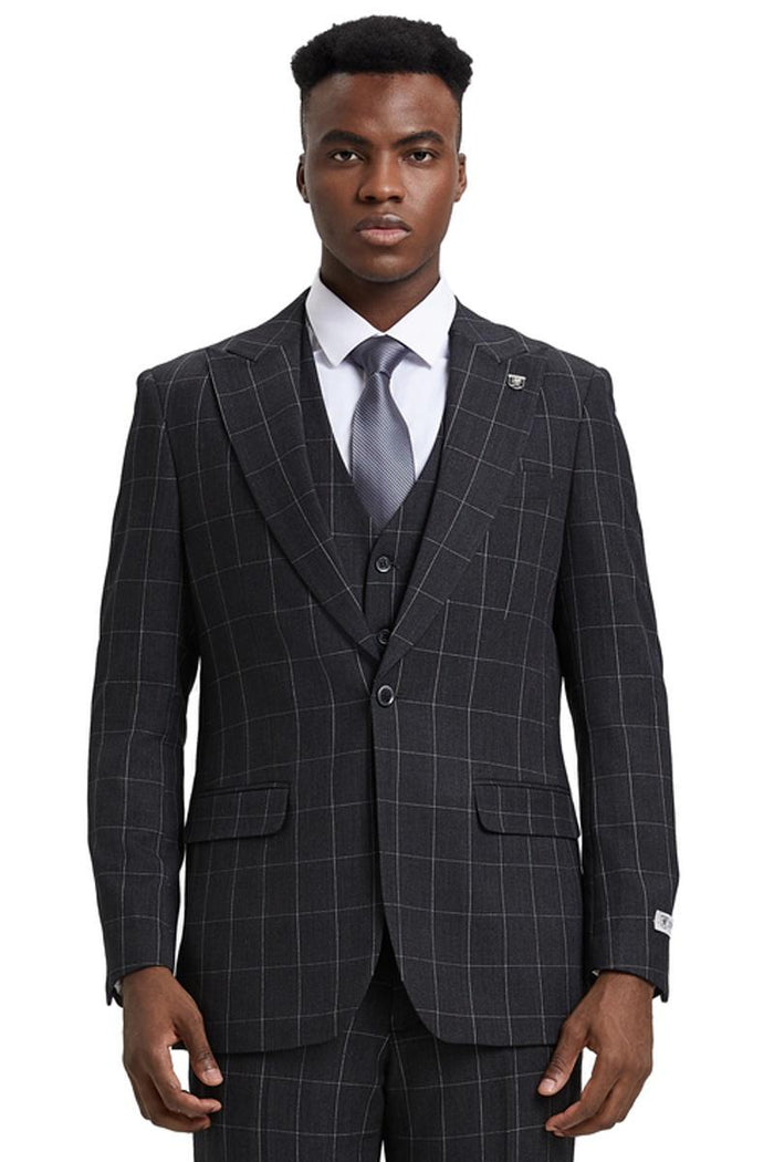 Stacy Adams Windowpane Vest Suit - Dark Charcoal