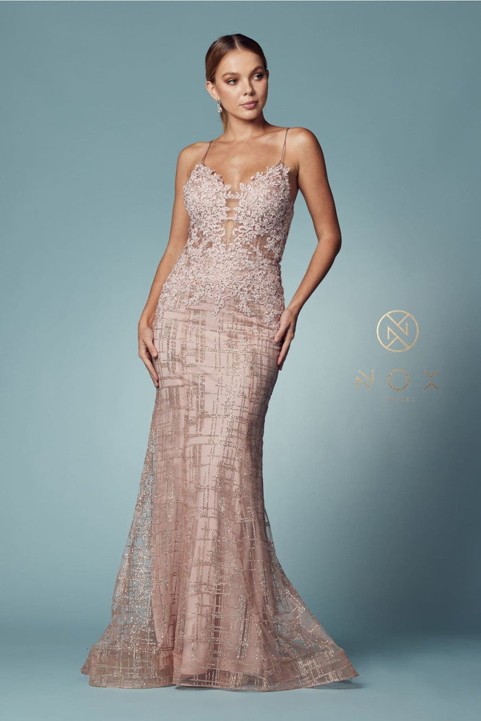 Nox Anabel R282-1 Strappy Glitter Deep V-Neck Mermaid Prom Evening Gown