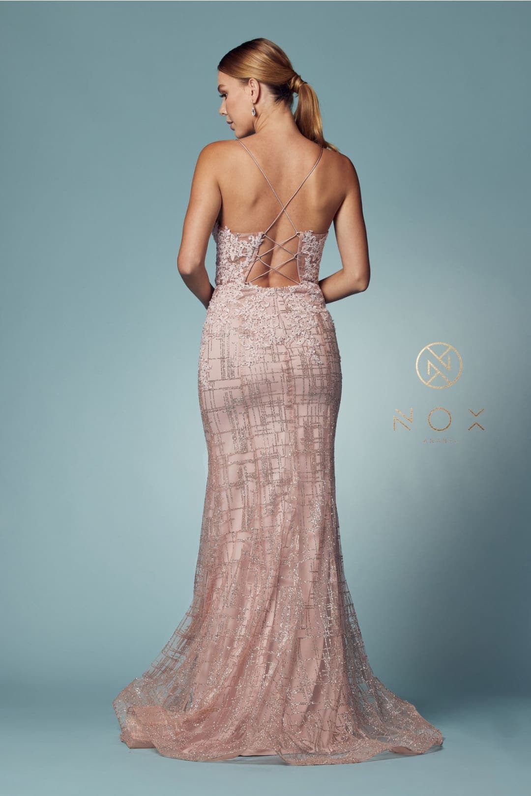 Nox Anabel R282-1 Strappy Glitter Deep V-Neck Mermaid Prom Evening Gown