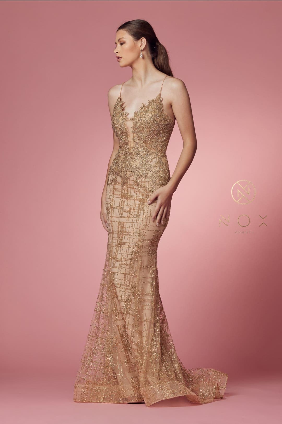 Nox Anabel R282-1 Strappy Glitter Deep V-Neck Mermaid Prom Evening Gown