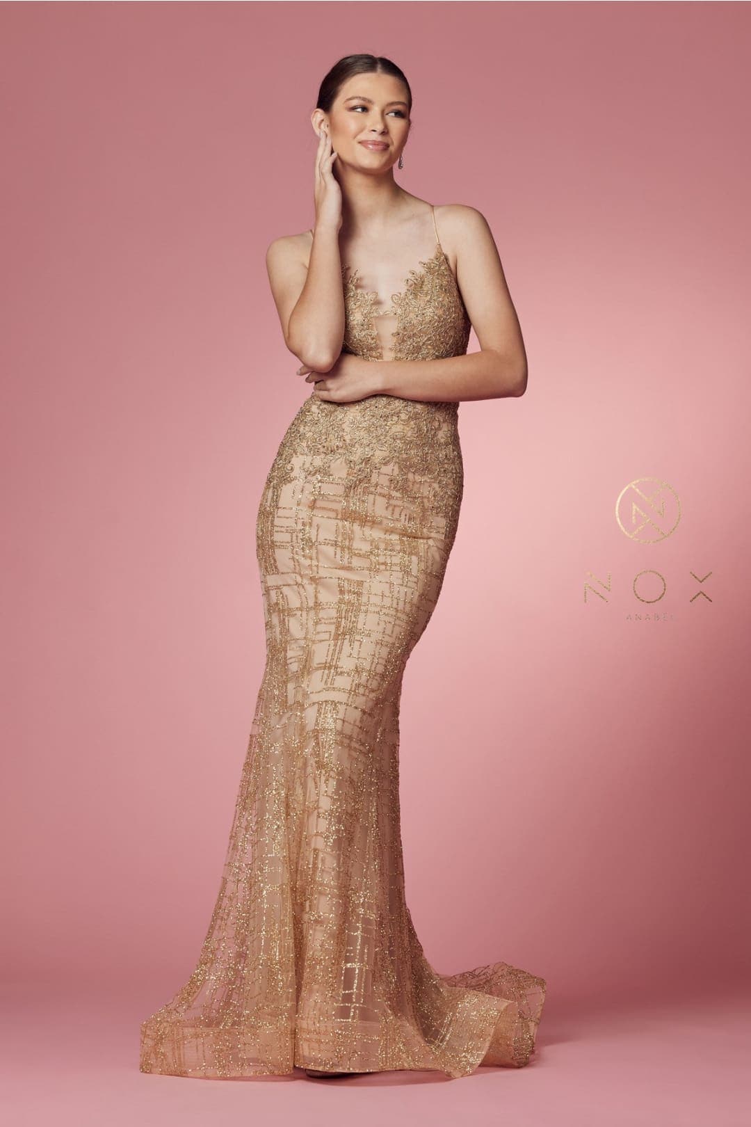 Nox Anabel R282-1 Strappy Glitter Deep V-Neck Mermaid Prom Evening Gown
