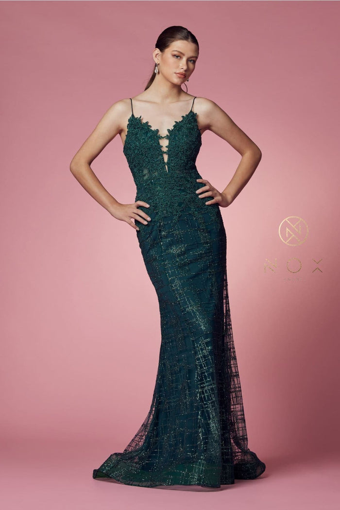 Nox Anabel R282-1 Strappy Glitter Deep V-Neck Mermaid Prom Evening Gown