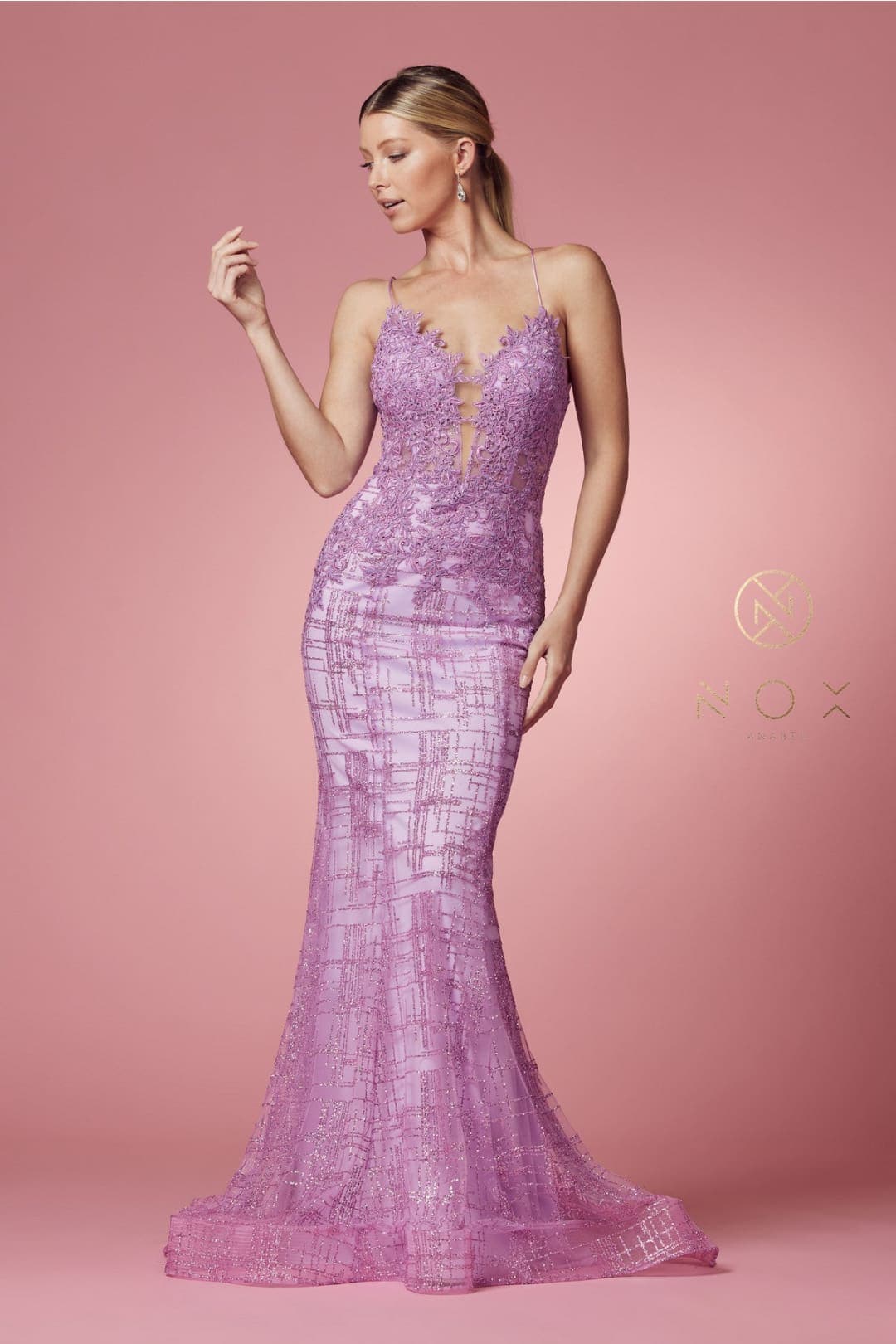 Nox Anabel R282-1 Strappy Glitter Deep V-Neck Mermaid Prom Evening Gown