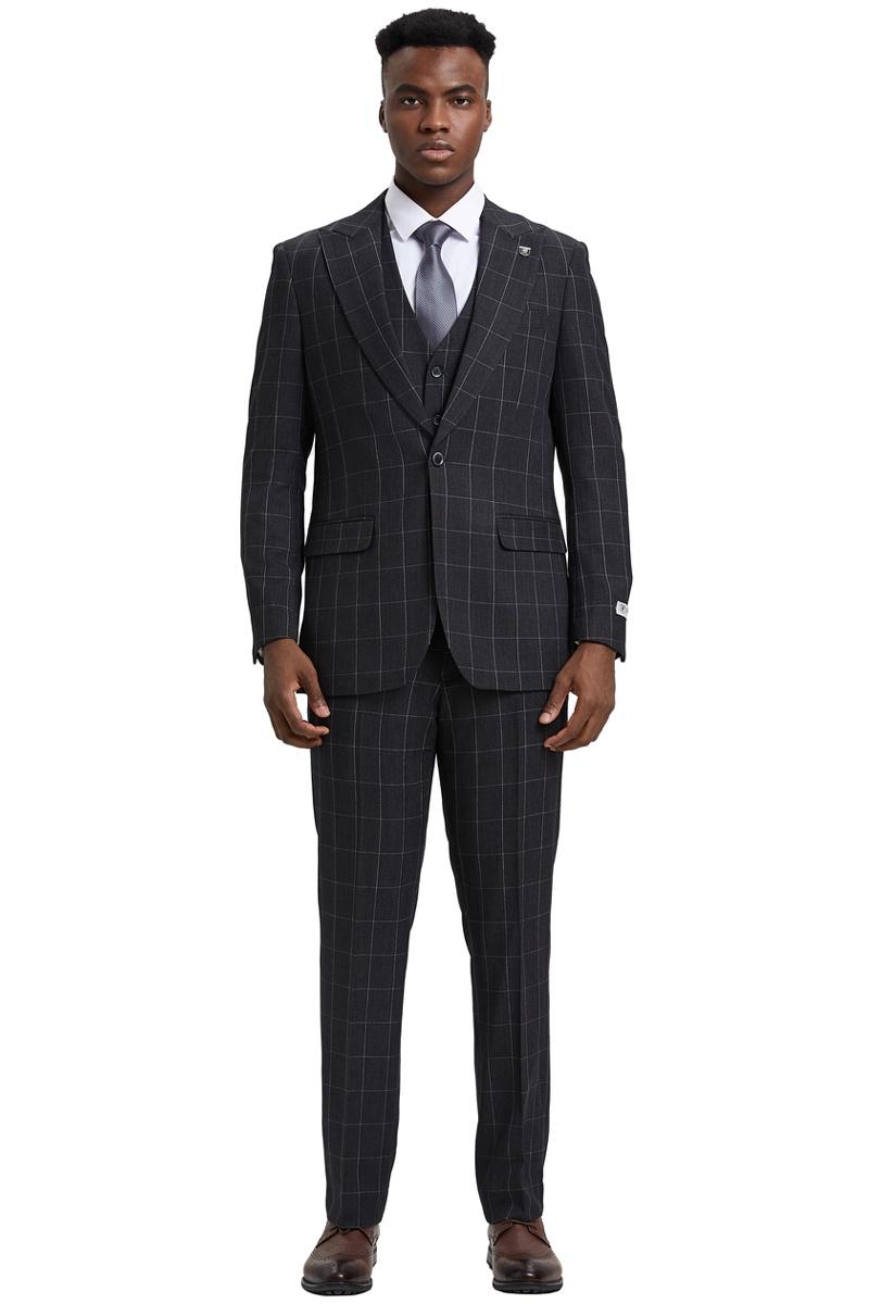 Stacy Adams Windowpane Vest Suit - Dark Charcoal