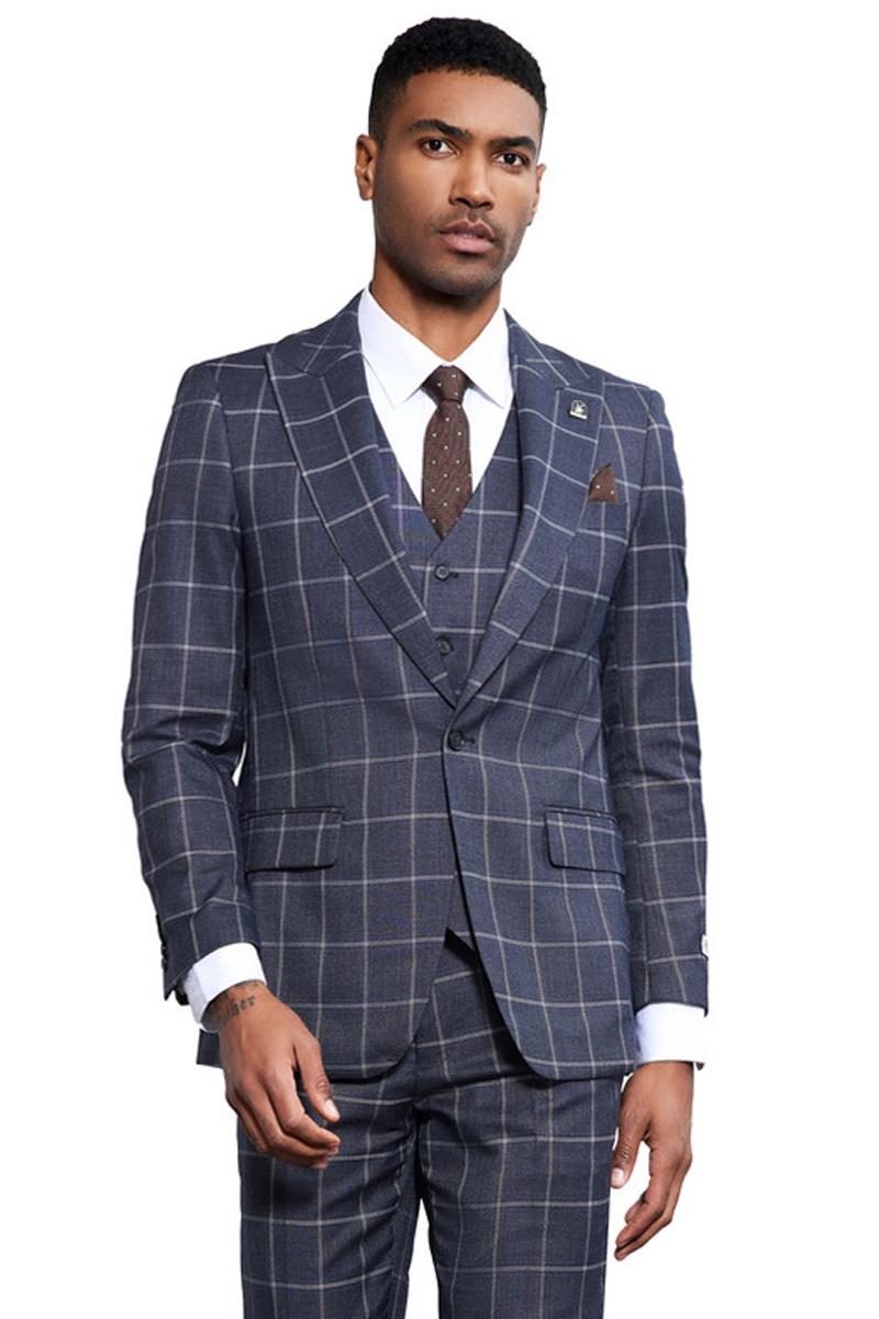 Stacy Adams Charcoal Windowpane Vested Suit