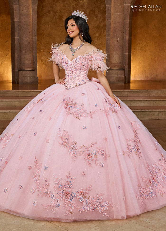 Rachel Allan RQ2186 Off Shoulder Feather Quinceanera Dress