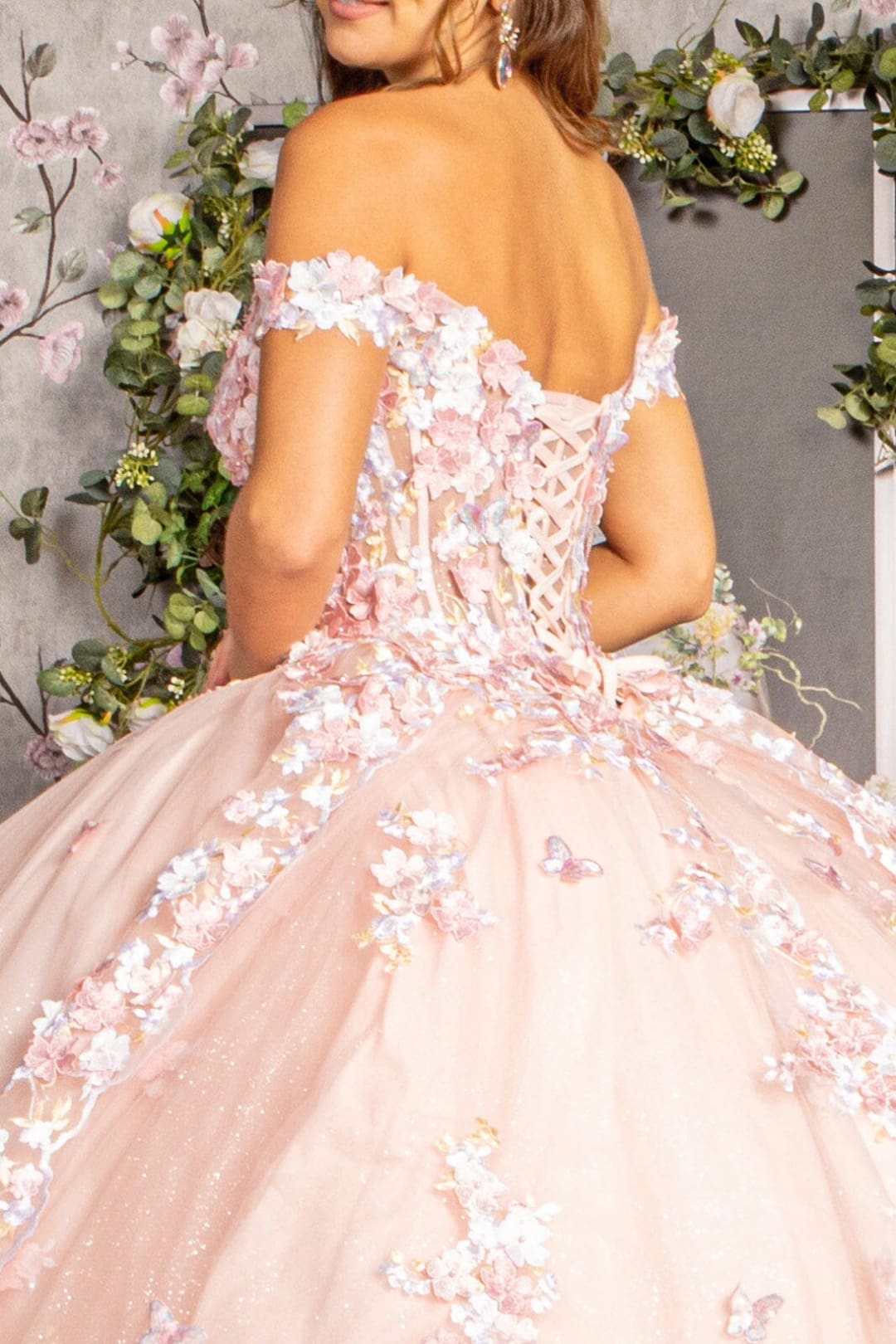 Off Shoulder Sheer Corset Ball Gown by Elizabeth K GL3182