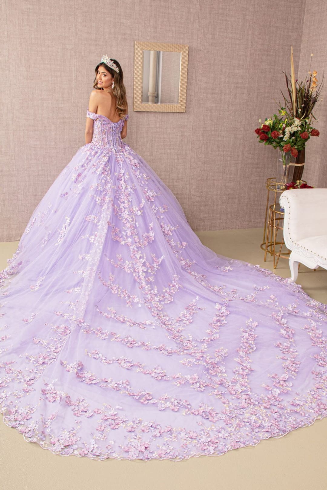 Off Shoulder Sheer Corset Ball Gown by Elizabeth K GL3182