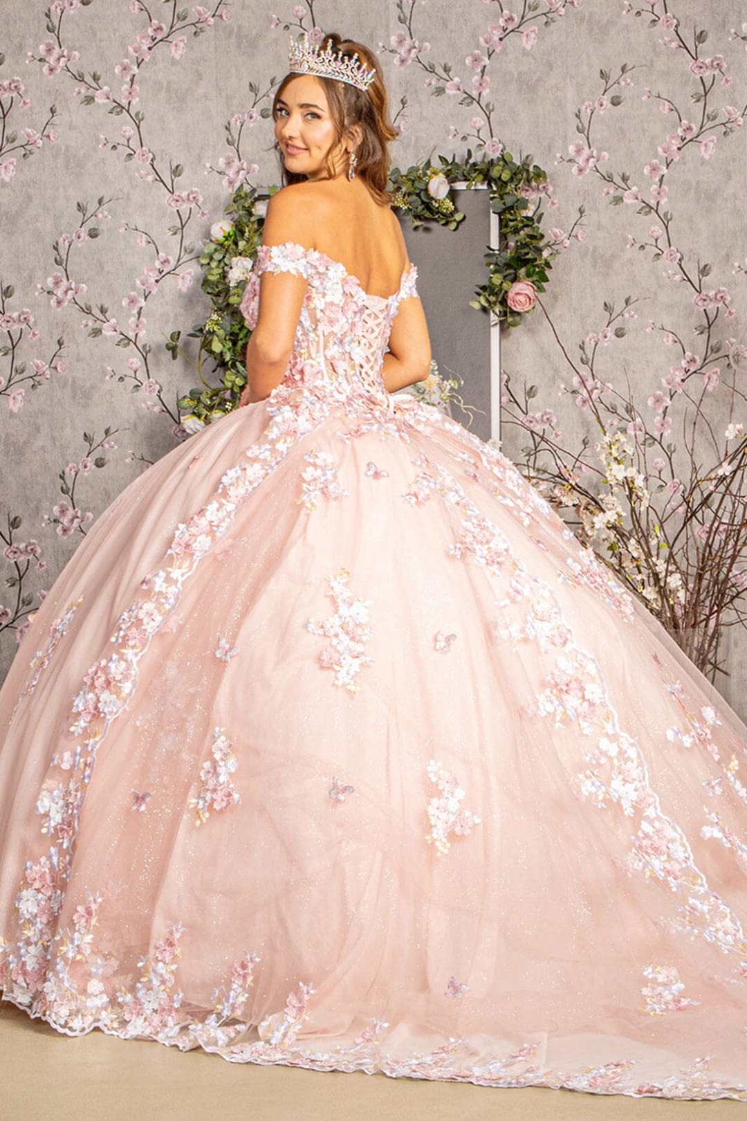 Off Shoulder Sheer Corset Ball Gown by Elizabeth K GL3182