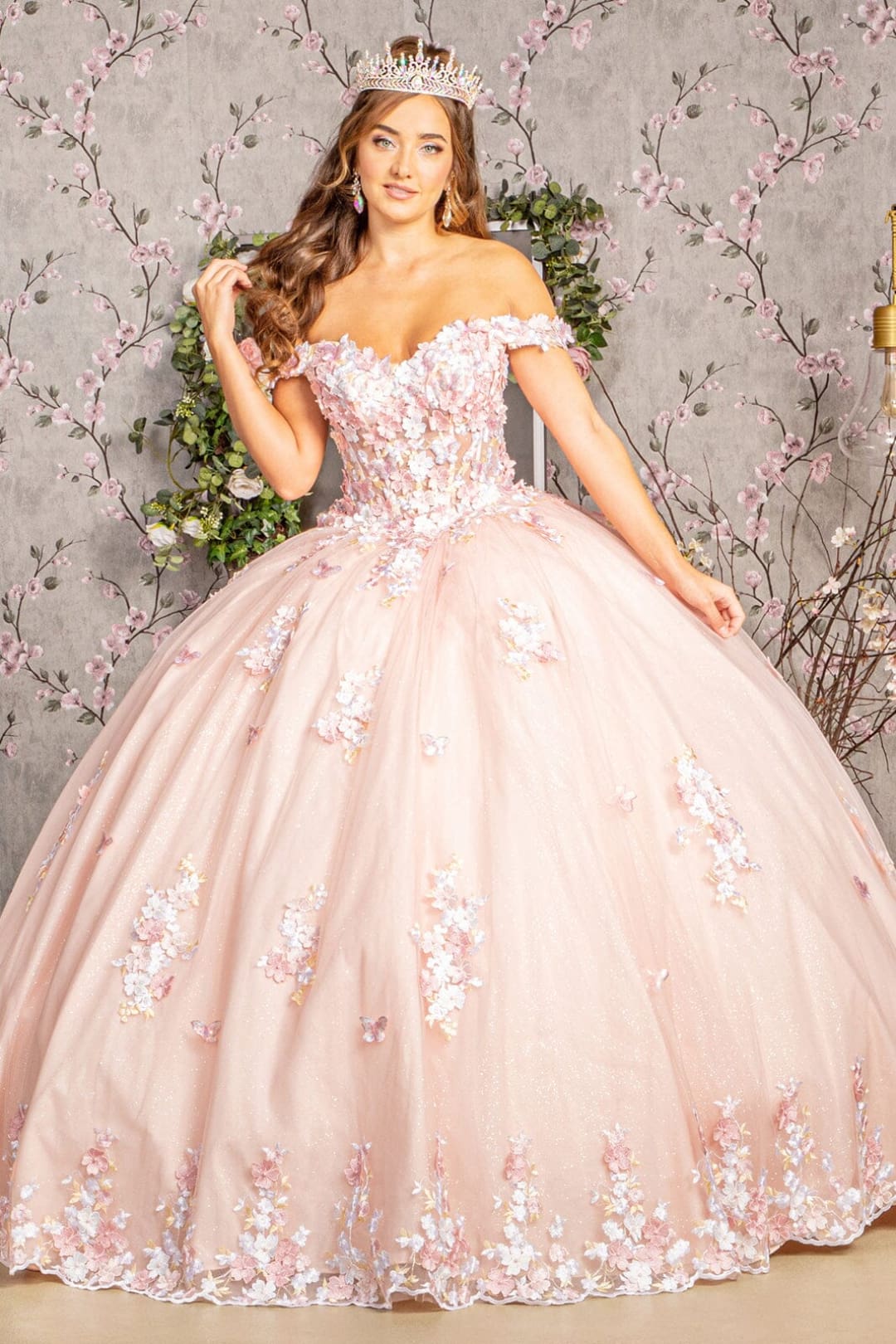 Off Shoulder Sheer Corset Ball Gown by Elizabeth K GL3182